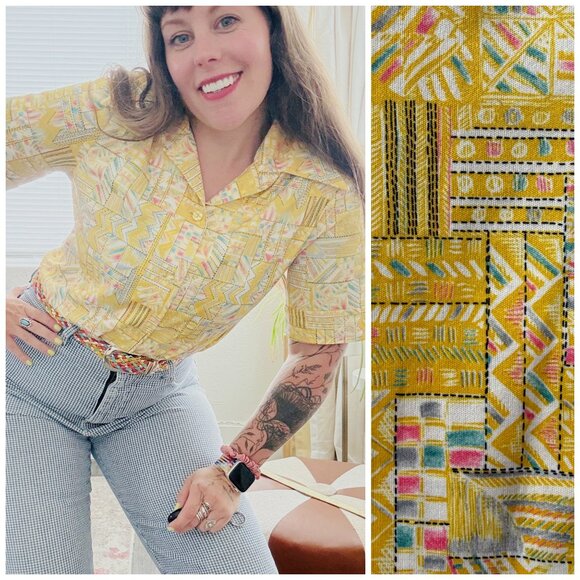 Vintage 70s Bright Yellow Geometric Printed Dagger Collar Button Down Shirt LG - Picture 1 of 12